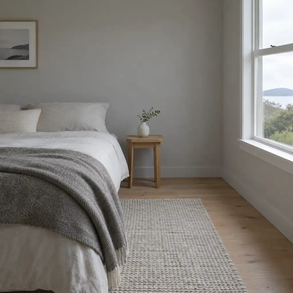 New Zealand bedroom with simple bed, linen sheets, wool blanket, wooden side table, and woven wool rug