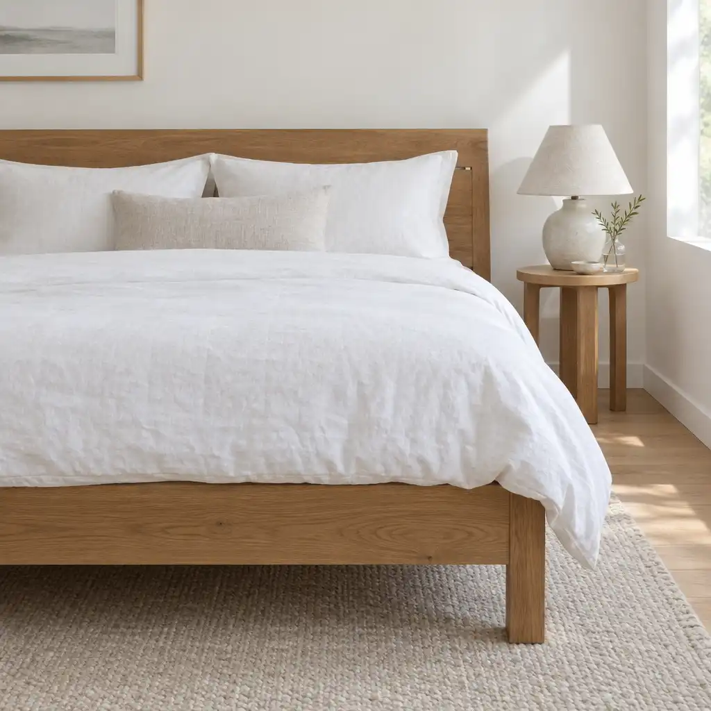 A minimalist bedroom with a solid timber bed frame, white linen bedding, and a simple wool rug