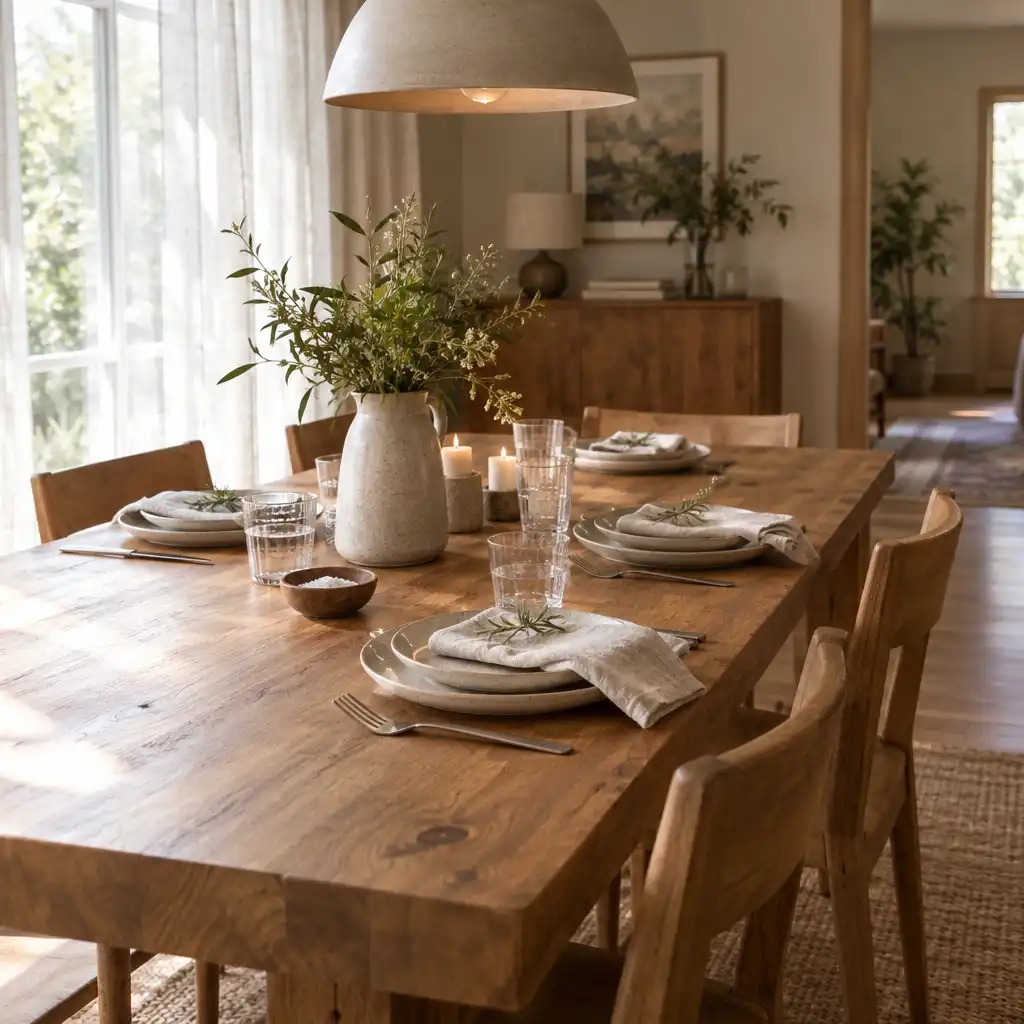 A dining room with a solid timber table, wooden chairs, stoneware plates, and linen napkins