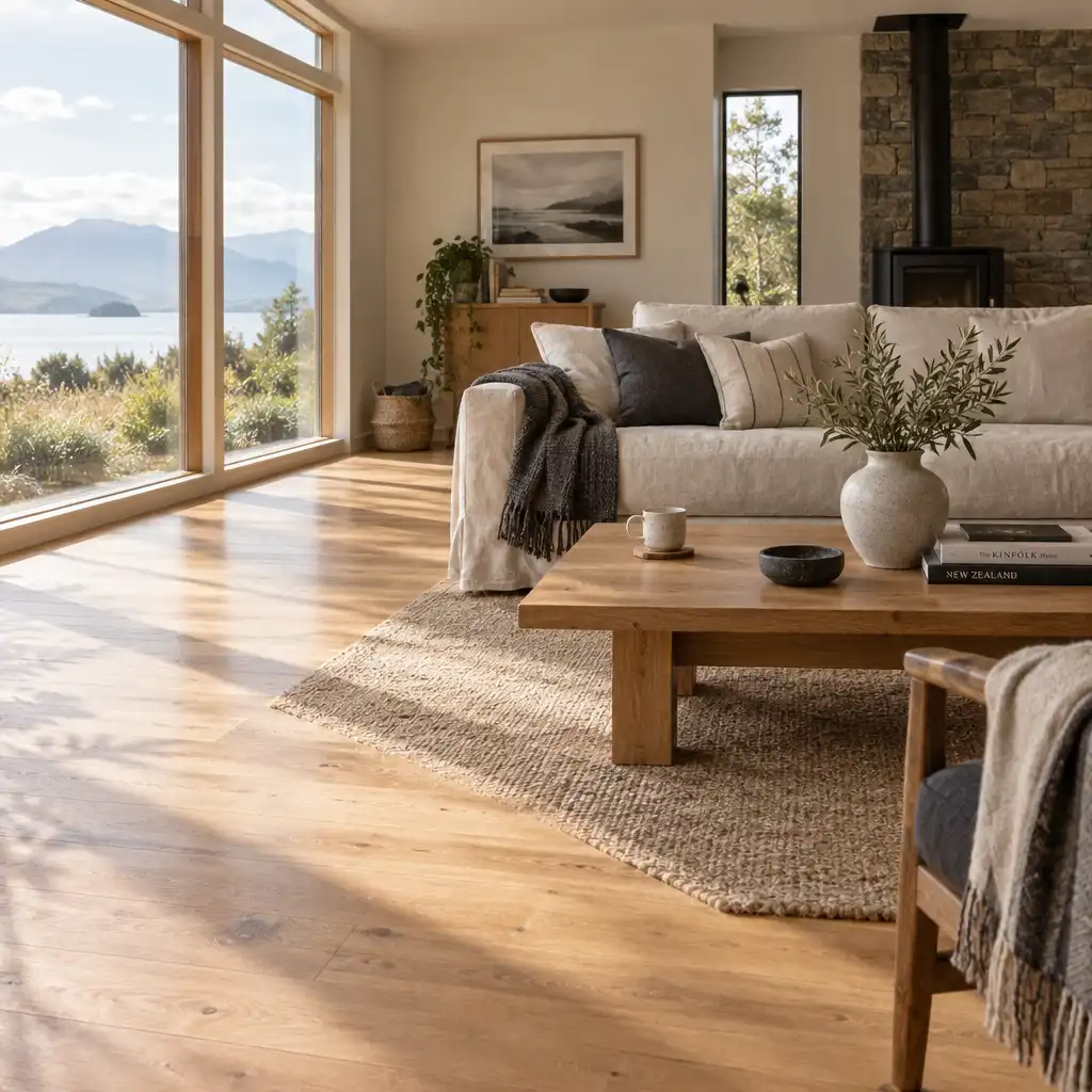 A sunlit New Zealand living room with natural timber floors, a linen sofa, and a stoneware vase on a low wooden table