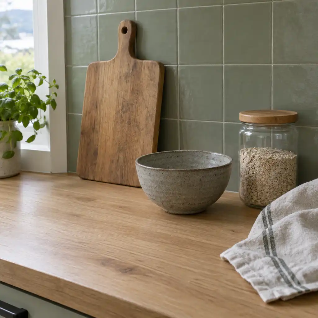 New Zealand kitchen counter with wooden cutting board, stoneware bowl, glass jar, and linen tea towel