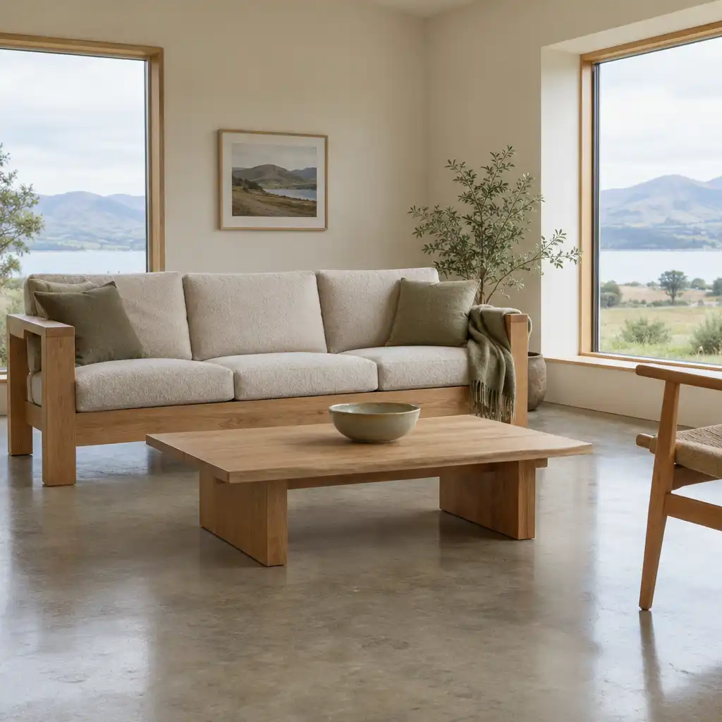 Calm, uncluttered New Zealand living room with solid timber sofa, wool cushions, and a low wooden coffee table
