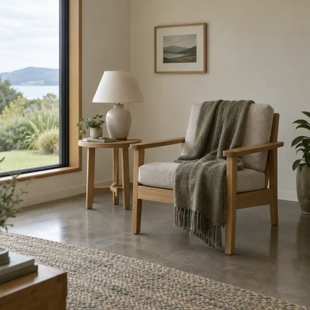 New Zealand living room corner with solid timber armchair, wool throw, side table, and woven wool rug