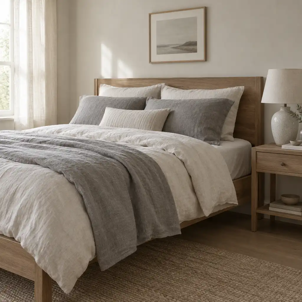 A comfortable bedroom with washed linen bedding in bone and grey tones and a simple wooden bed frame