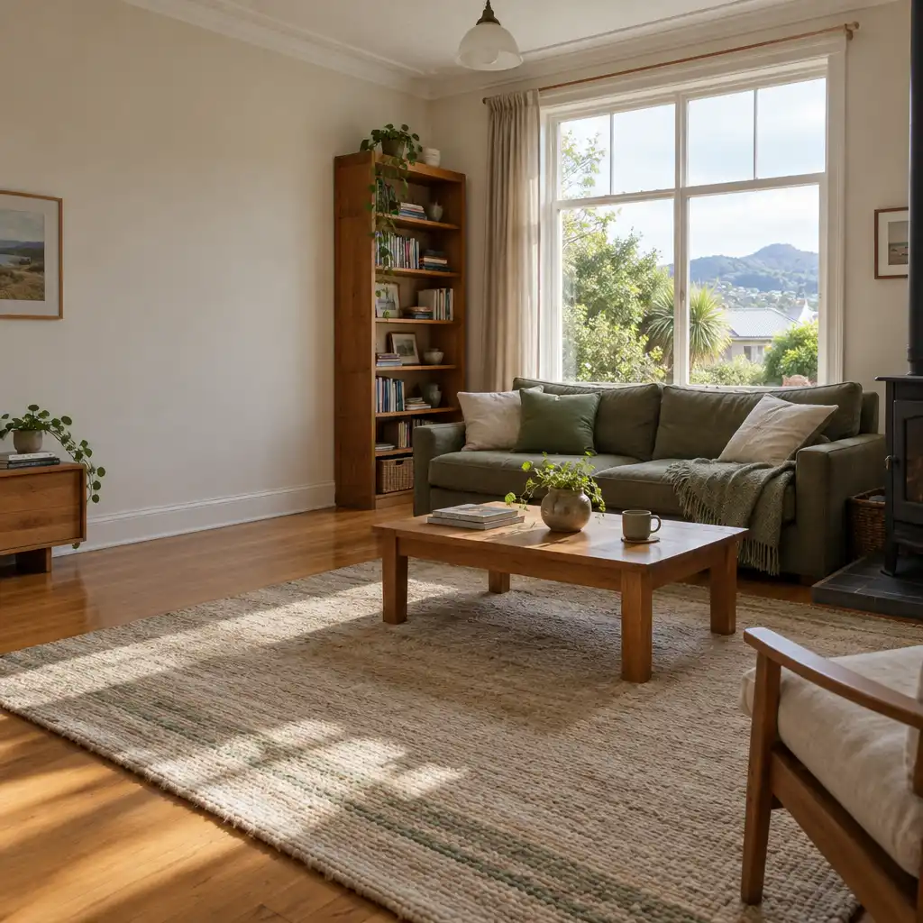 A real New Zealand living room with a wool rug, timber shelving, and linen cushions in natural light