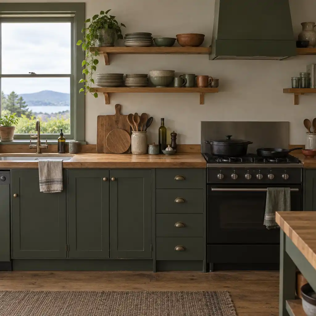 A functional New Zealand kitchen with timber countertops, open shelving of stoneware, and cast iron cookware