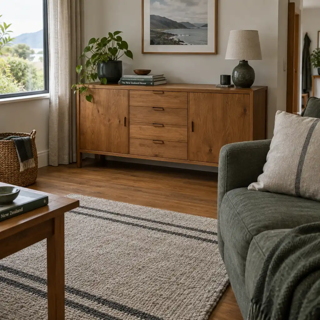 A living room corner with a wool rug, solid timber sideboard, and linen cushion