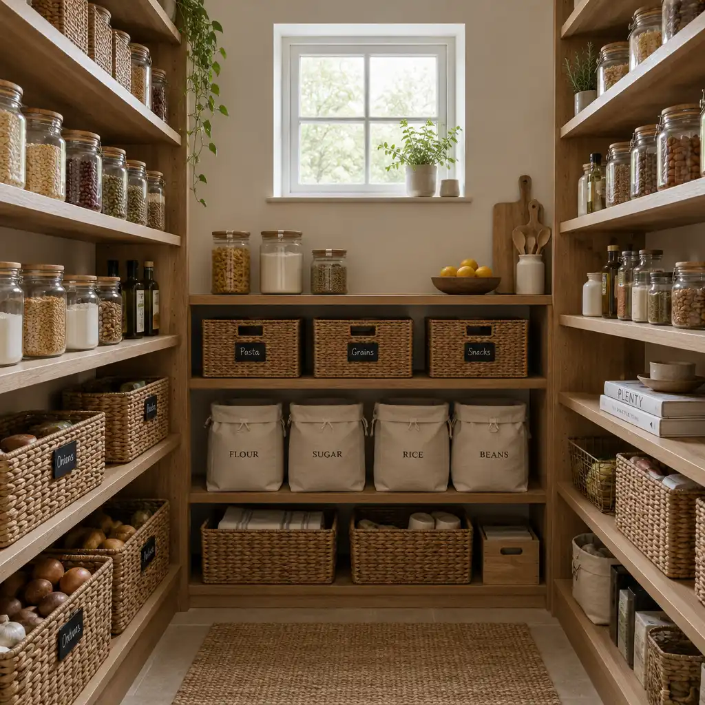An organized pantry with wooden shelves, glass jars, woven baskets, and linen storage bags