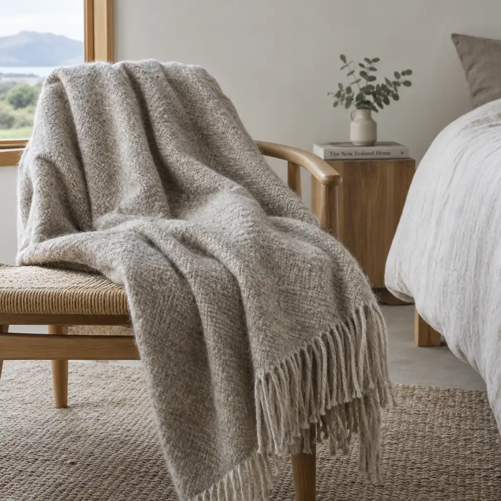 Natural wool throw blanket draped over a chair showing texture and drape