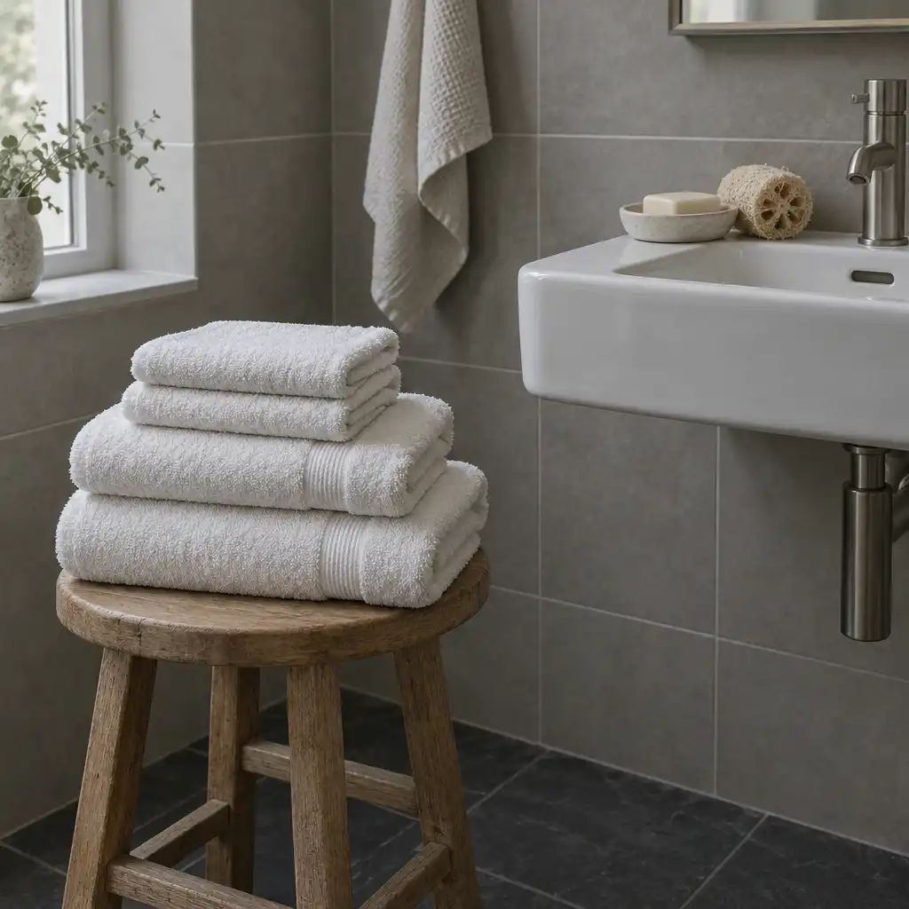 Stack of white organic cotton towels on a wooden stool in a bathroom with matte grey tiles