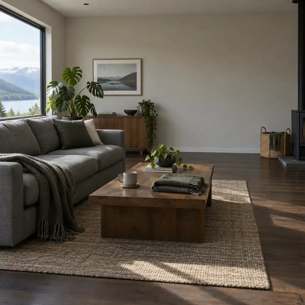 A modern New Zealand living room with dark timber floors, a grey wool sofa, and a low wooden coffee table holding a stoneware mug and folded wool throw