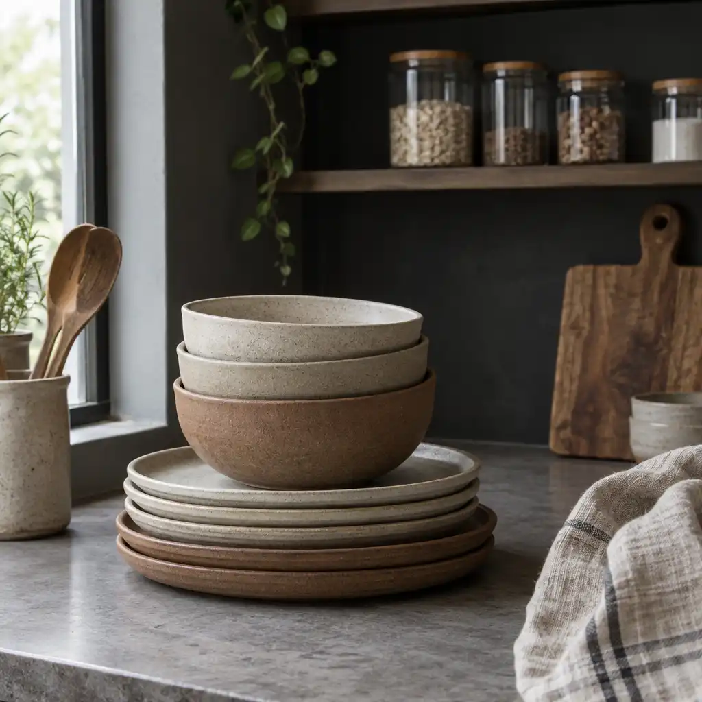 Matte stoneware bowls and plates stacked on a kitchen counter beside a wooden cutting board and linen tea towel