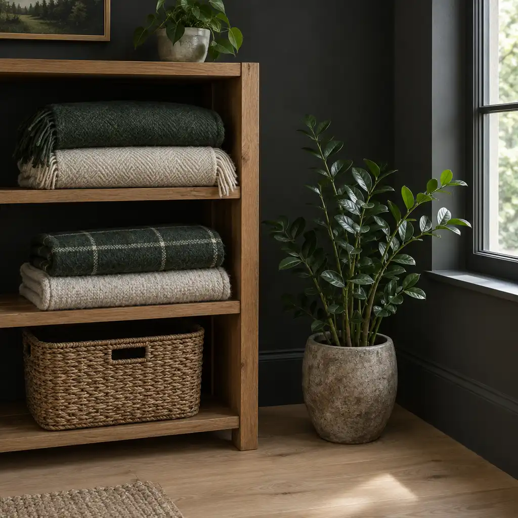 Solid timber shelf holding folded wool blankets and a woven basket in a clutter-free living room corner