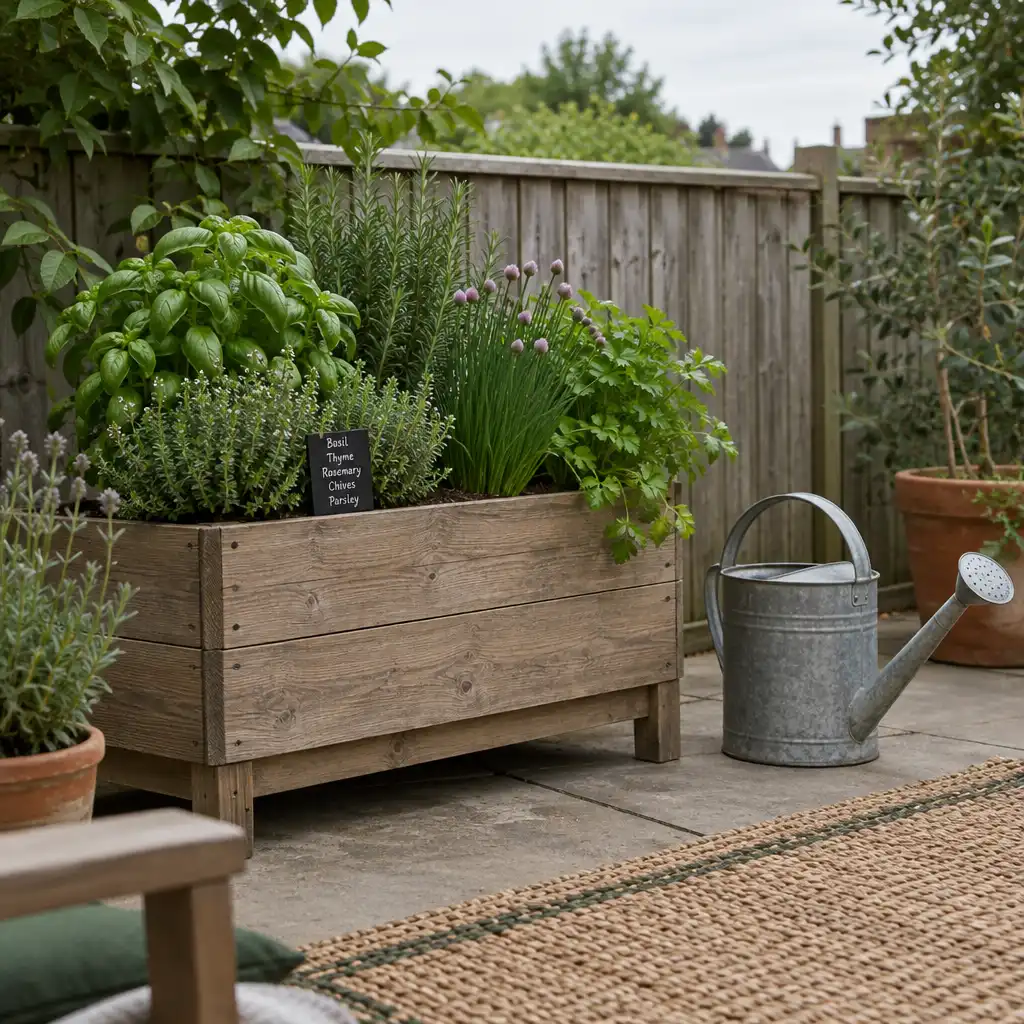 Wooden planter box filled with herbs, a galvanised watering can, and a woven outdoor rug on a patio