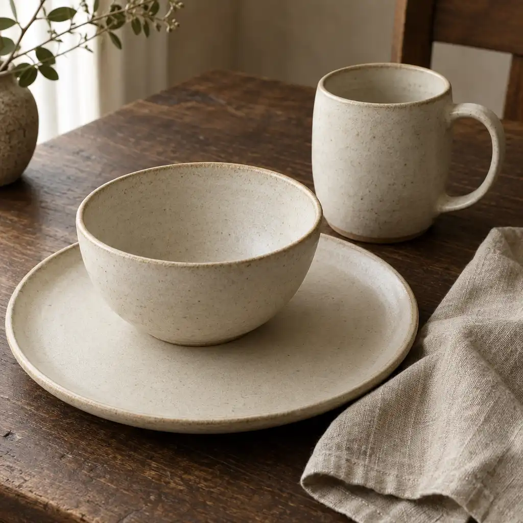 Stoneware dinner set with a plate, bowl, and mug in a matte cream glaze on a dark wooden table