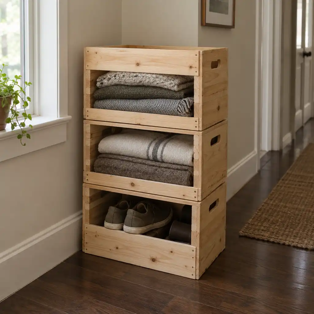 Stack of solid timber storage crates in a hallway with folded blankets and shoes inside