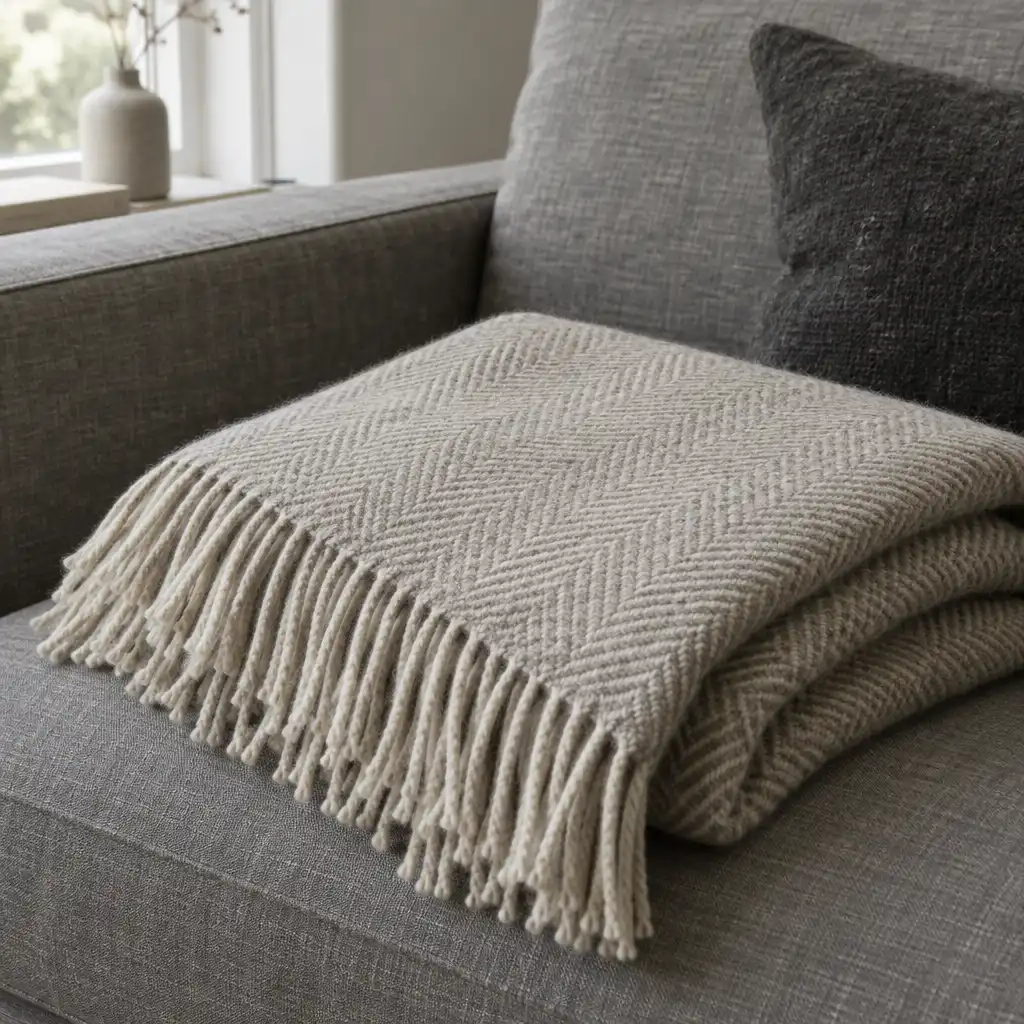 Folded undyed wool throw blanket with a subtle herringbone pattern on a grey linen sofa