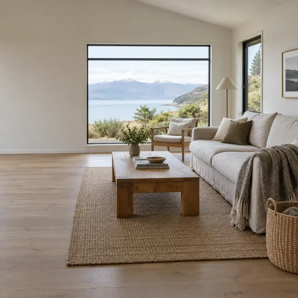 A naturally lit New Zealand living room with a solid timber coffee table, linen sofa, wool throws, and a woven basket