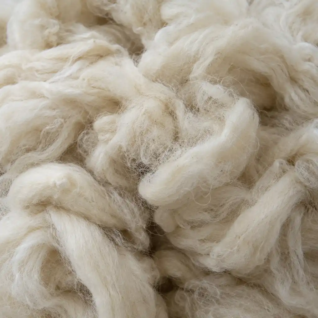 Close-up of undyed New Zealand wool fibres in a soft cream pile